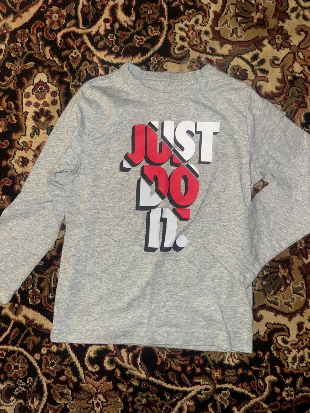 Nike Gray Long-Sleeve Tee with Red & White 'Just Do It.' Graphic Size 6